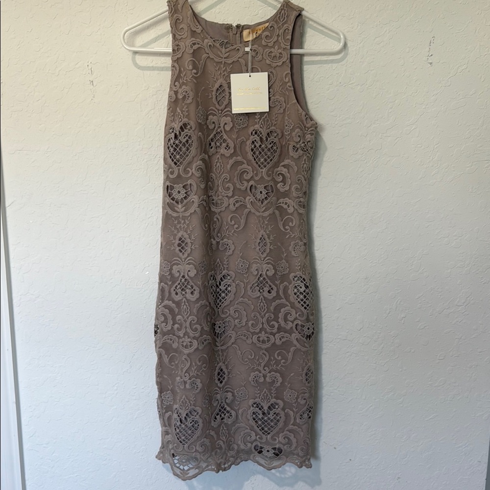 Brown Lace Sheath Midi Dress with Halter Neckline NWT